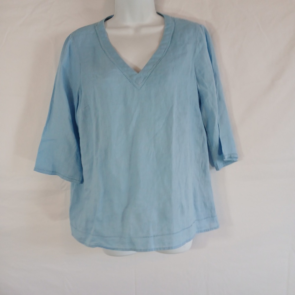 Jjill Top Tunic Light Blue V Neck Linen Sz XS Chic Casual Travel Office Wear